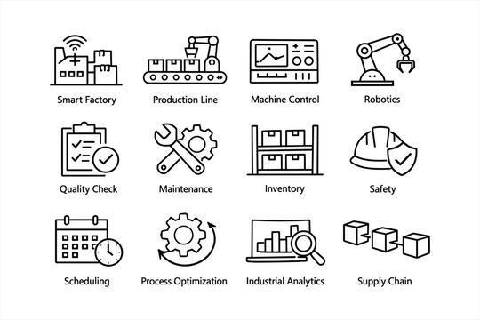 Industrial operations icons: smart factory, production line, machine control, robotics, quality check