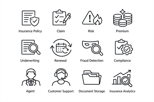 Icon set illustrating insurance concepts with various services and processes