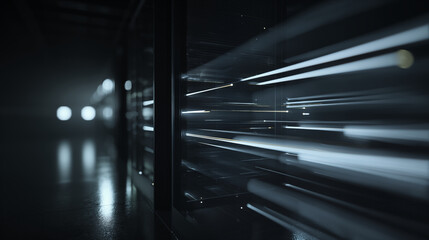 Futuristic IT and technology infrastructure with sleek servers and high-speed data transfer in a modern dark data center environment viewed from a dynamic angle