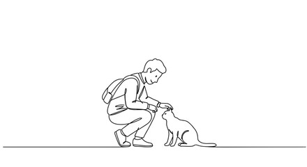 Fototapeta premium Line drawing of a person kneeling and petting a dog on a transparent background with minimalistic style and simple lines in black color