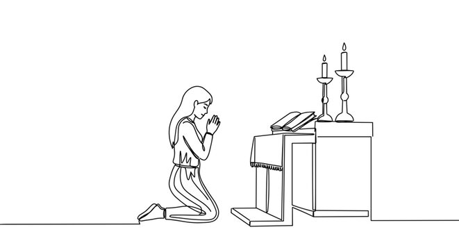 Line drawing of a woman kneeling in prayer by a candle-lit altar with a solemn expression on a transparent background