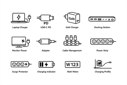 Electronic accessories icons: laptop charger, usb-c pd, gan adapter, power strip, docking station