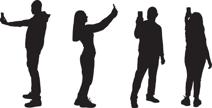 vector, silhouette group of people taking a self-portrait with smartphone