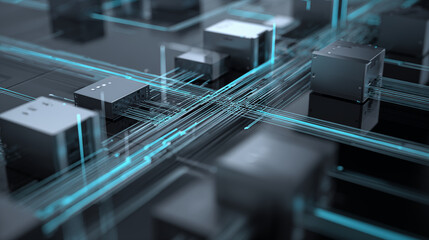 Futuristic IT and technology infrastructure with interconnected digital cubes and neon blue circuits viewed from a 3D perspective
