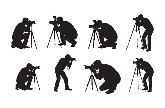 Photographer Silhouette Vector Icon Set &ndash; Creative Shooting Stances and Camera Angle Variations on White Background