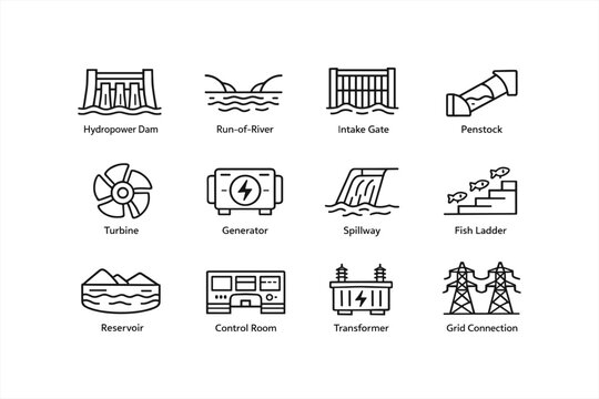 Hydropower system components: dam, turbine, generator, and infrastructure icons