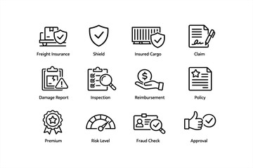 Cargo insurance and inspection icons set with shields and checkmarks for secure shipping