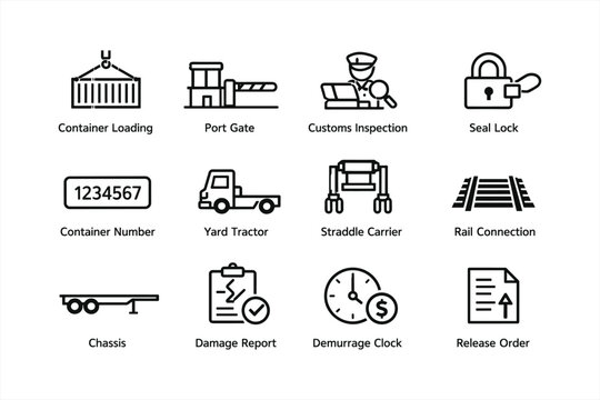 Logistics and transportation icons: container, customs, seal, chassis, rail connection