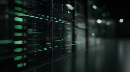 A futuristic data center with rows of servers and IT equipment, showcasing technology infrastructure from a low angle, surrounded by a dark environment with green neon lights