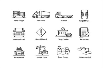 Heavy freight icons: transport elements including semi trucks and loading cranes