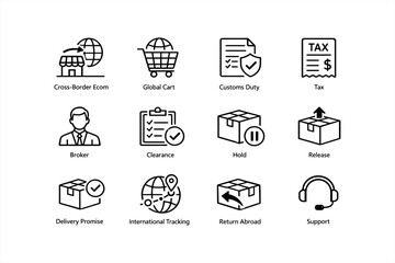 Logistics and e-commerce icons: global cart, customs, tax, tracking, support