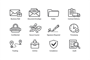 Business documents and services icons set: mail, security, compliance