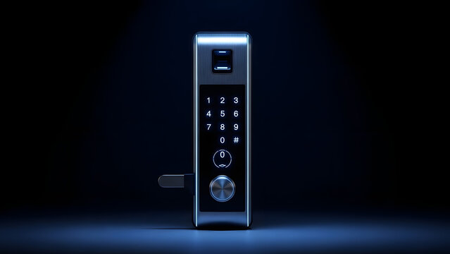 Modern smart door lock with glowing keypad and fingerprint scanner on dark background emphasizing security