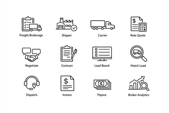 Transportation and freight logistics icons for shipping and brokerage