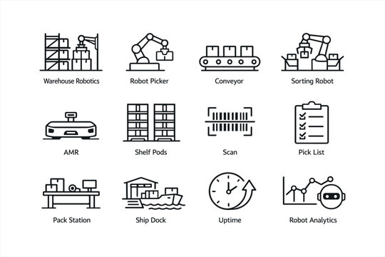 Warehouse automation icons with robotics, conveyor, and analytics elements