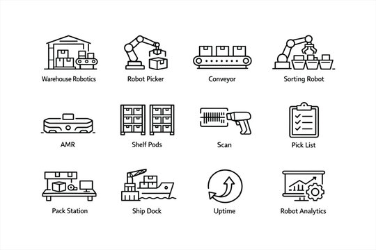 Warehouse automation icons: robotics, amr, conveyor, sorting, analytics