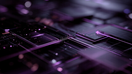 Futuristic IT and technology infrastructure with glowing cubes and neon lines in a dark environment from an aerial viewpoint