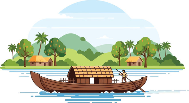 Idyllic kerala backwaters scene: a traditional houseboat cruising through serene canals with lush palm trees