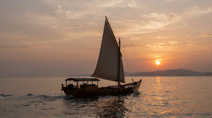 Fototapeta premium Sunset sail on a quiet bay: a traditional wooden boat gliding through golden waters