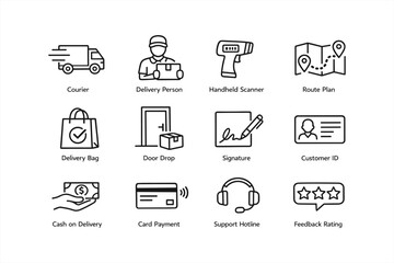 Delivery service icons set featuring courier and payment methods