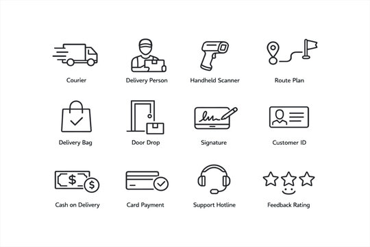 Logistics and delivery icons set featuring courier, payment, support, and feedback - Powered by Adobe