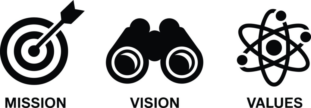 Mission, vision, values icons on white background