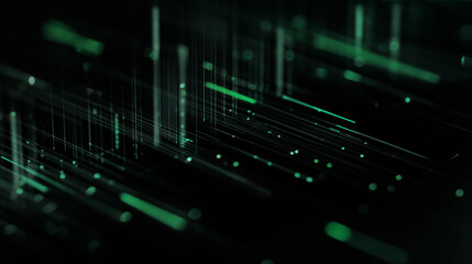 Futuristic IT and technology infrastructure with neon green circuits, wires, and data streams flowing through a dark, abstract, digital landscape viewed from an angled, futuristic perspective.
