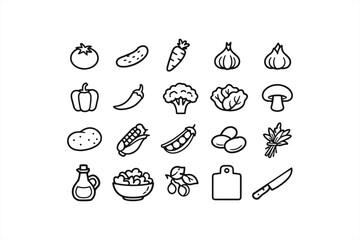 Assorted vegetable icons collection with cooking tools