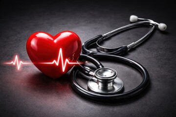 A red heart symbolizes health, connected to a stethoscope, emphasizing medical care and monitoring of vital signs.