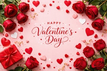 A romantic arrangement featuring red roses, hearts, and a gift box, celebrating Valentine's Day with a festive pink background.