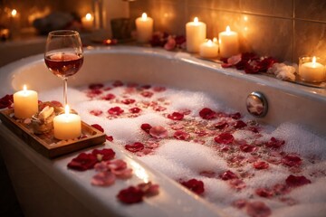 A serene bubble bath with rose petals, candles, and a glass of wine, creating a relaxing and romantic atmosphere.