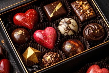 A luxurious assortment of beautifully crafted chocolates in various shapes and colors, presented in an elegant box.