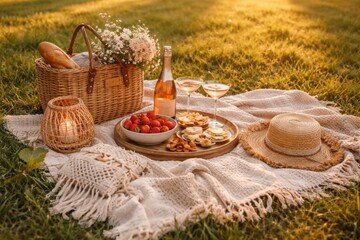 A cozy picnic setup featuring a basket, wine, strawberries, snacks, and a hat on a blanket in a sunlit grassy area.