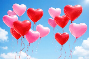 Heart-shaped balloons in various shades of red and pink float against a bright blue sky, creating a festive and romantic atmosphere.