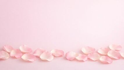 Soft pink rose petals scattered on a light pink background, creating a delicate and romantic atmosphere.
