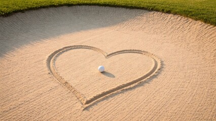 A golf ball sits in the center of a heart shape drawn in sand, conveying a playful love for the sport.