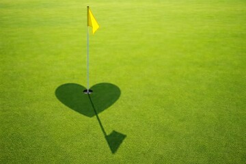 A yellow flag stands on a vibrant green golf course, casting a heart-shaped shadow on the grass, symbolizing love and leisure.