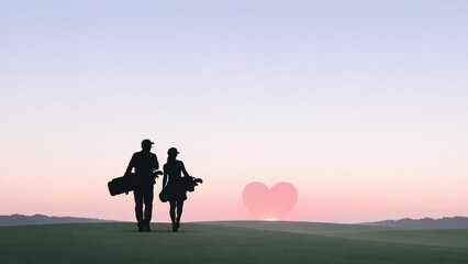 A couple walks hand in hand on a golf course at sunset, with a heart-shaped sun casting a romantic atmosphere.