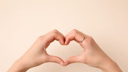 A pair of hands forming a heart shape against a soft, neutral background, symbolizing love and affection.