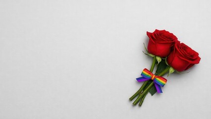 A bouquet of red roses tied with a rainbow ribbon, symbolizing love and inclusivity against a neutral background.