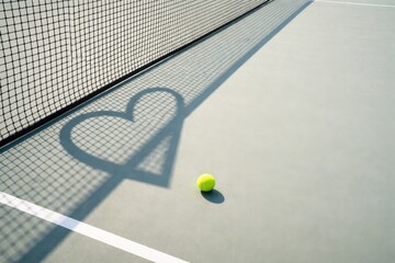 A tennis court featuring a heart-shaped shadow cast by the net, with a yellow tennis ball positioned nearby.