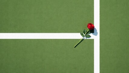 A tennis court featuring a single red rose resting on the white lines amidst vibrant green surface, symbolizing beauty and contrast in sport.