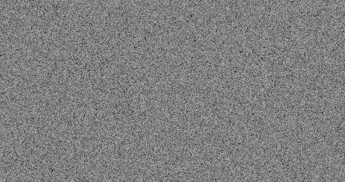 Looping monochrome TV static, dithered grain texture. Abstract black and white noise pattern for backgrounds, overlays, glitch effects, and design.