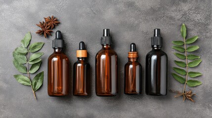 A collection of stylish amber glass bottles arranged next to green leaves and star anise on a textured gray surface, showcasing natural aesthetics.