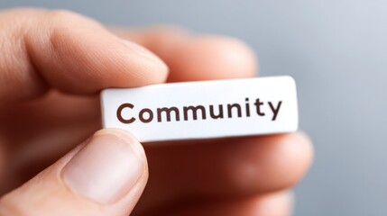 A hand holding a white block with the word "Community" printed on it, symbolizing unity and collaboration.