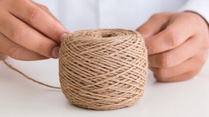 A person is holding a roll of twine, showcasing its texture and natural color, perfect for various crafts and projects.