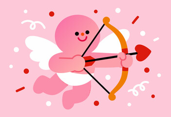 Fototapeta premium cute cupid character with bow and arrow flying in pink background surrounded by hearts