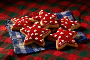 Star-shaped cookies decorated with red icing and white stars, arranged on a checkered cloth, creating a festive and inviting atmosphere.