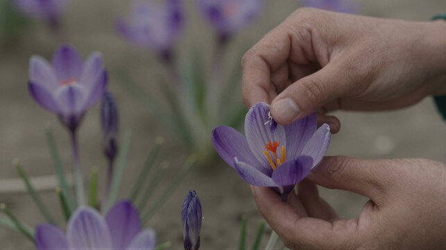 Cinematic close-up: hands harvesting saffron crocus flowers in a Persian field
