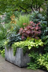 Plants grow in a large concrete planter in a garden with various green shades and foliage, showcasing different types of leaves and textures in urban environment